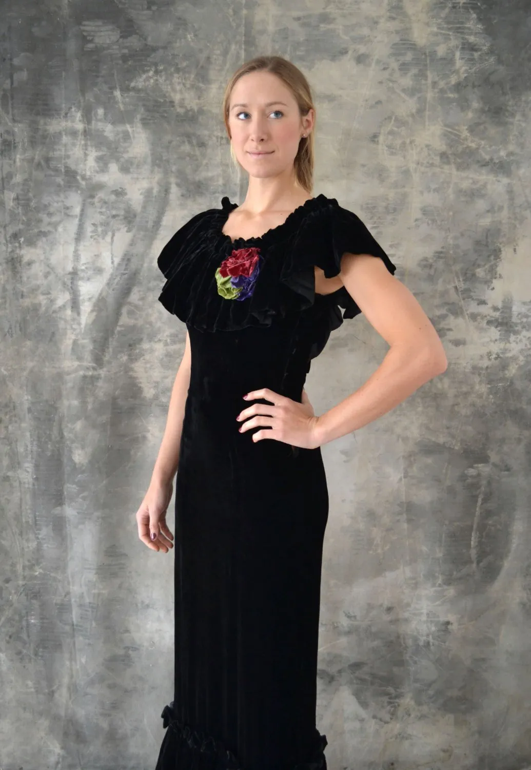 1930s Black Velvet Bias Cut Dress