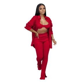 3 Piece Sets Long Sleeve Knit Cardigan Tops and Long Pants Women Sexy 3 Piece Set