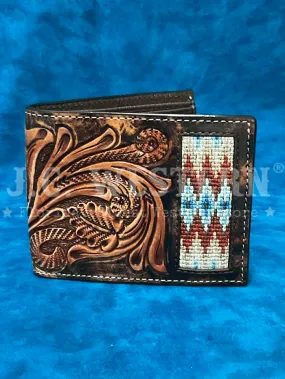 3D D250010102 Mens Hand Tooled Scroll Embroidered Inlay Bifold Wallet Brown