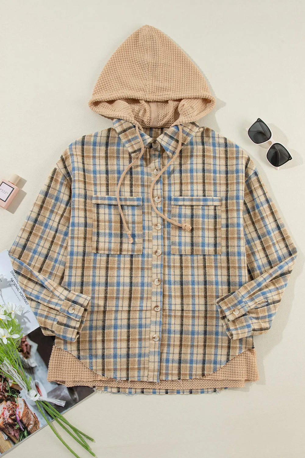 Ashleigh Blue Waffle Knit Patchwork Hooded Plaid Shacket