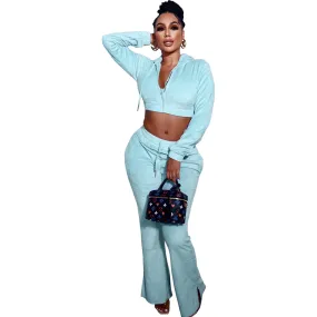 Autumn Winter Women Velvet Clothing Plus Size Casual Fashion Zip Up Crop Hoodies Top 2 Piece Sets Women's Jogger Pants Set