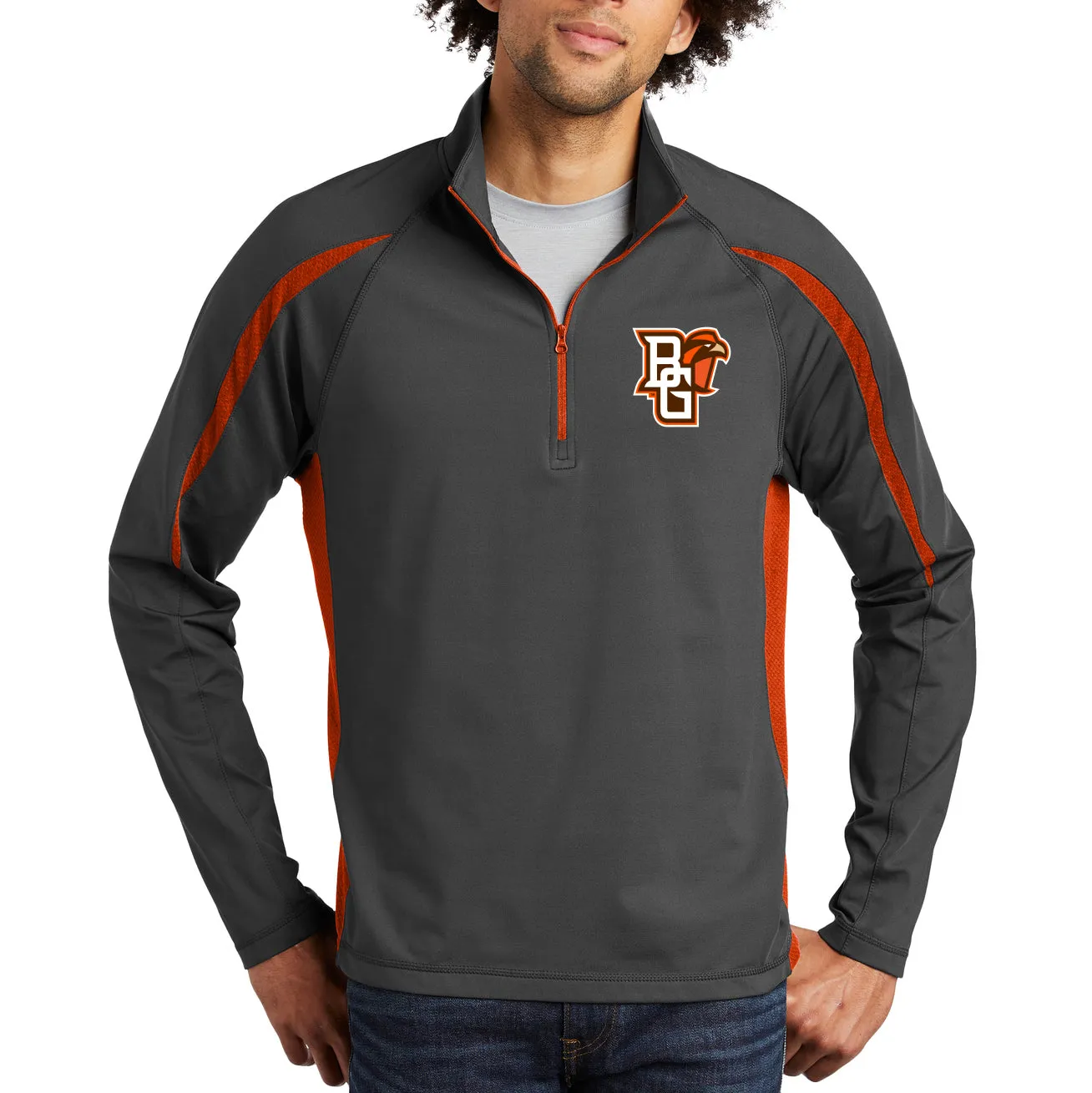 BGSU Primary Logo Stretch 1/2-Zip Colorblock Pullover - Charcoal/Orange