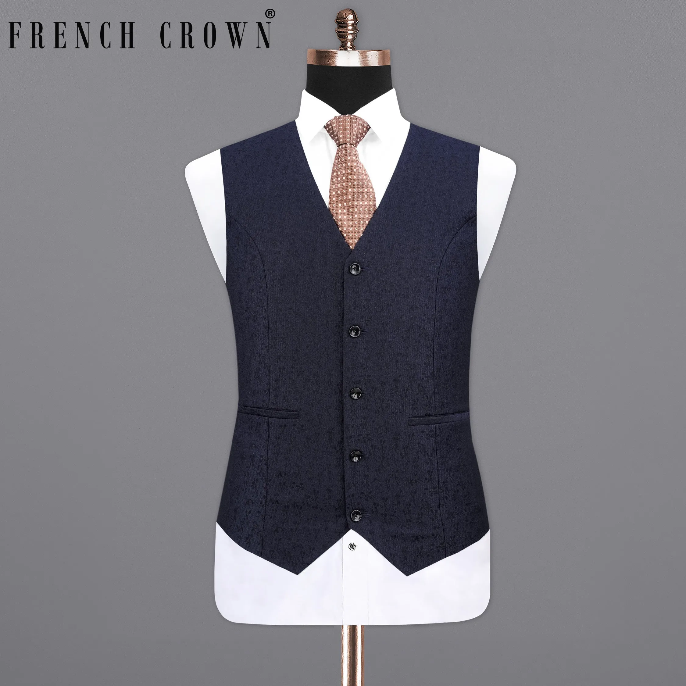 Bleached Cedar Navy Blue Ditzy Textured With Black Waistcoat