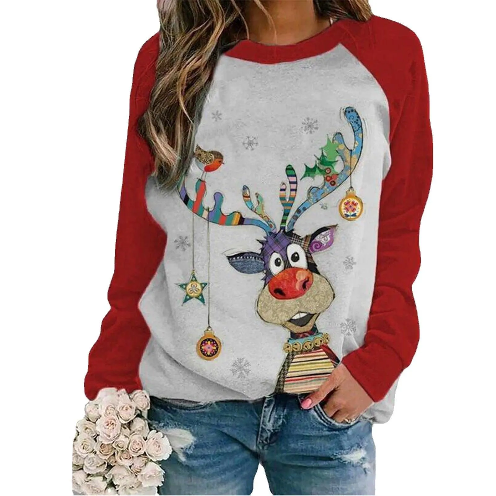 Christmas Snowman Fawn Print Crew Neck Loose Long Sleeve T-Shirt Women