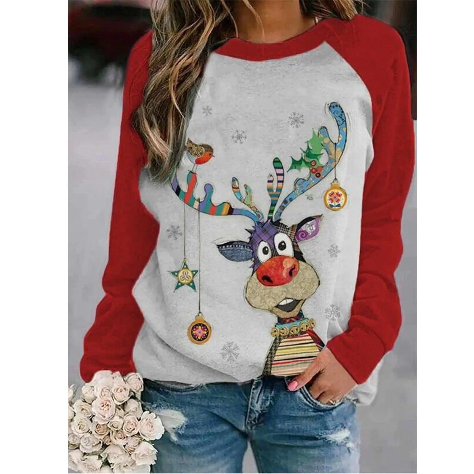 Christmas Snowman Fawn Print Crew Neck Loose Long Sleeve T-Shirt Women