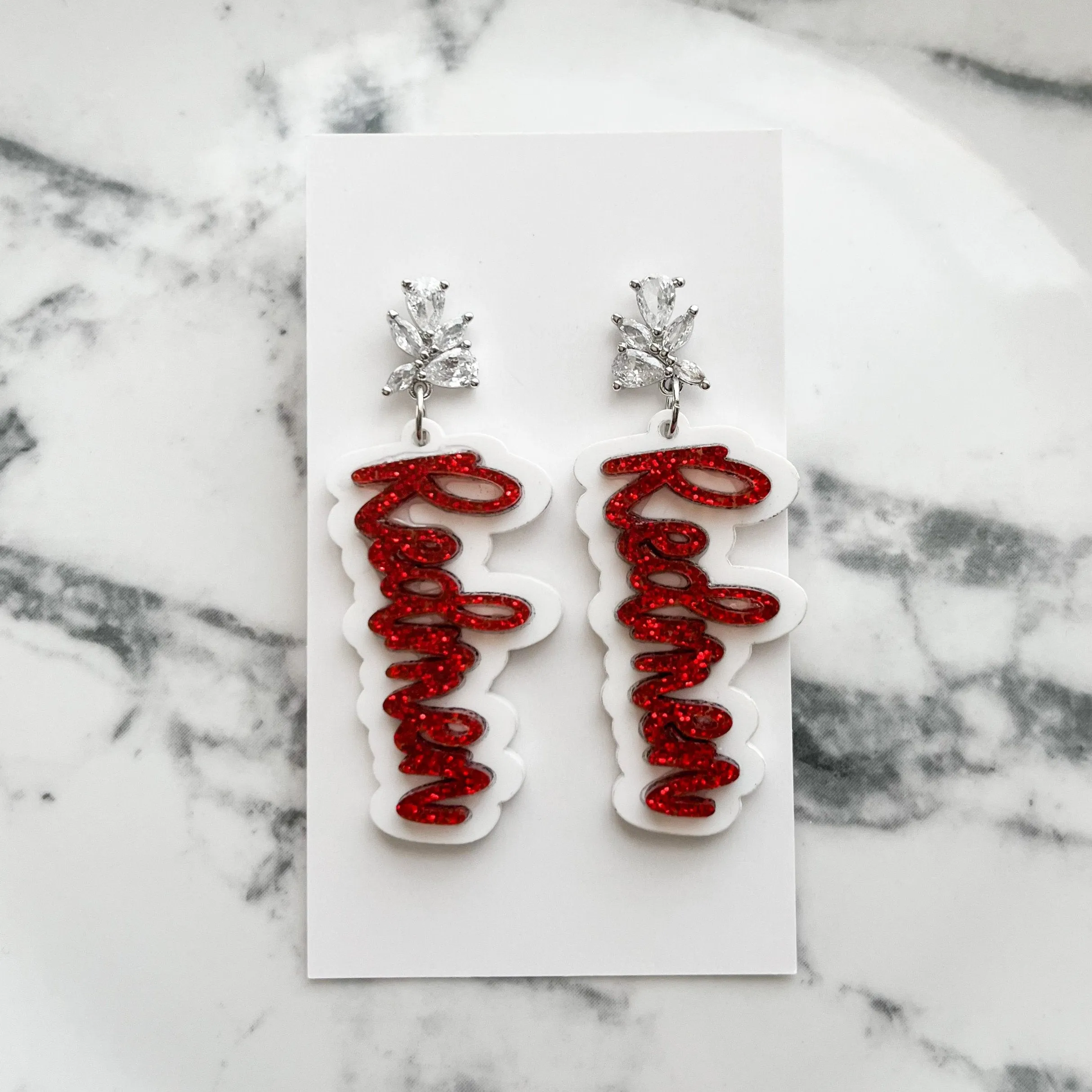 Cubic Zirconia Glitter Redmen Script Earrings