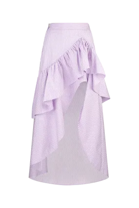 CURAAE Capri Midi Frill Asymmetrical High Waisted Skirt In Lilac & White Stripe