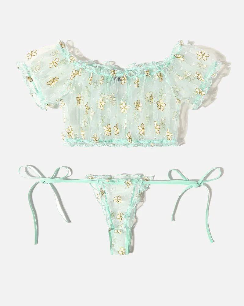 Floral Mesh Bra and Panty Set Ruffle Lingerie Set