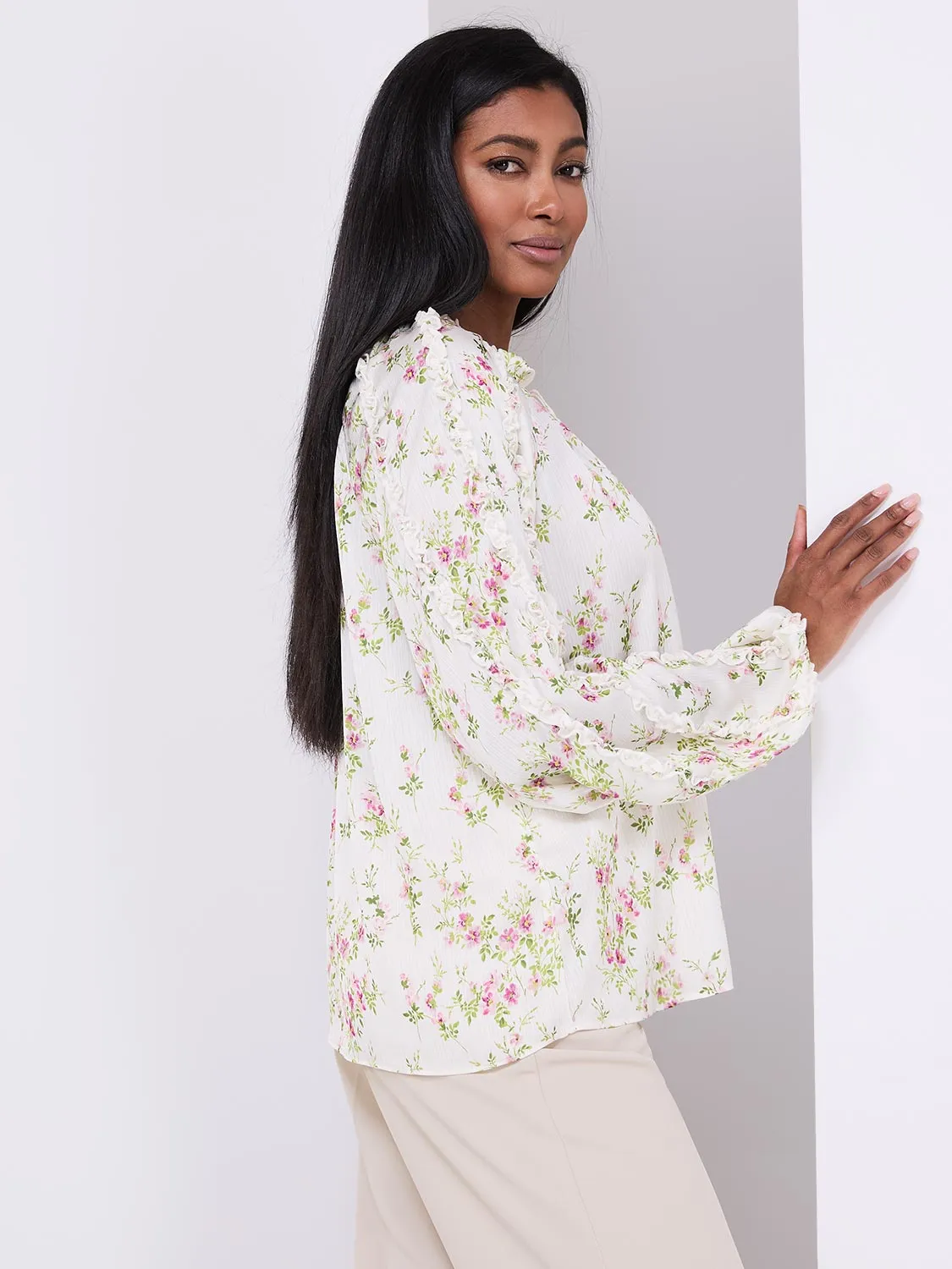 Floral Print Popover Blouse With Neck Tie