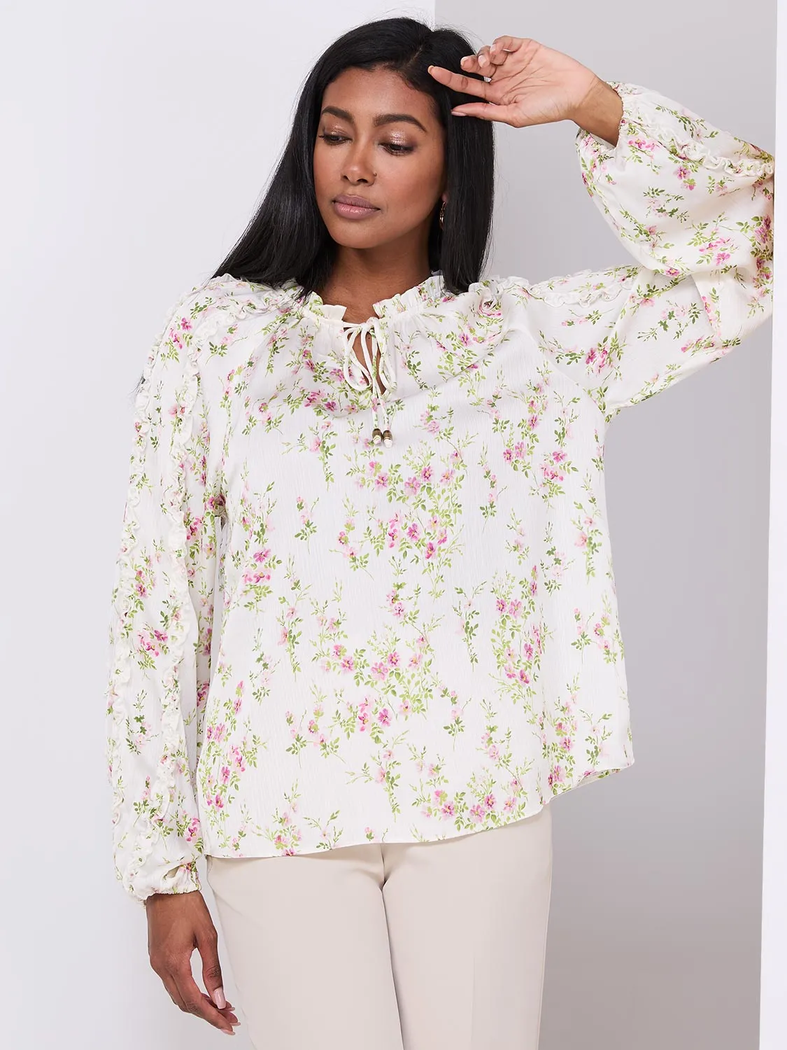 Floral Print Popover Blouse With Neck Tie