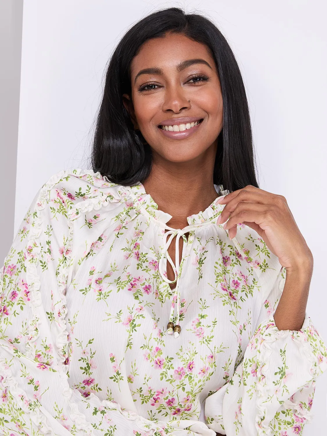 Floral Print Popover Blouse With Neck Tie