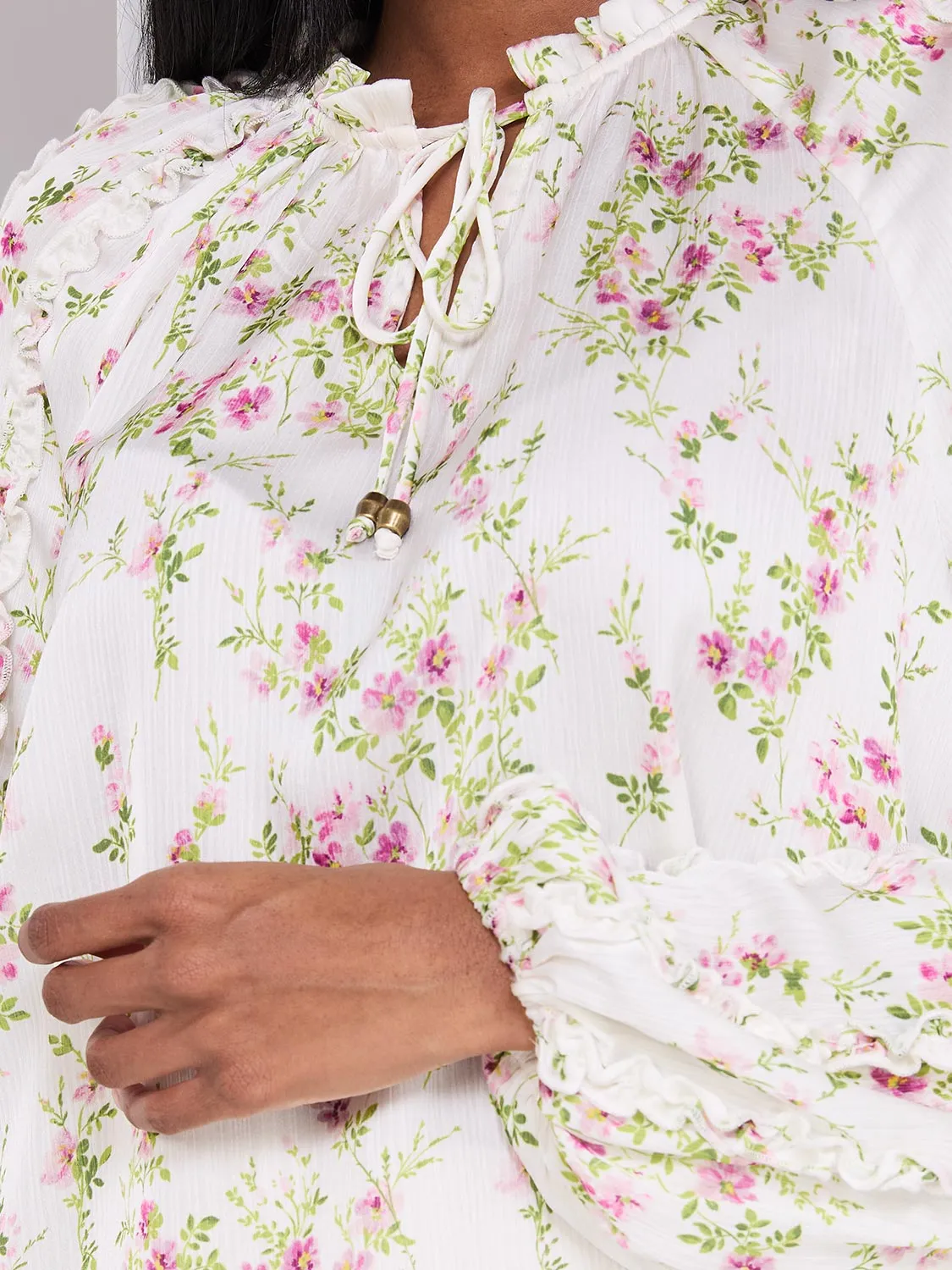 Floral Print Popover Blouse With Neck Tie