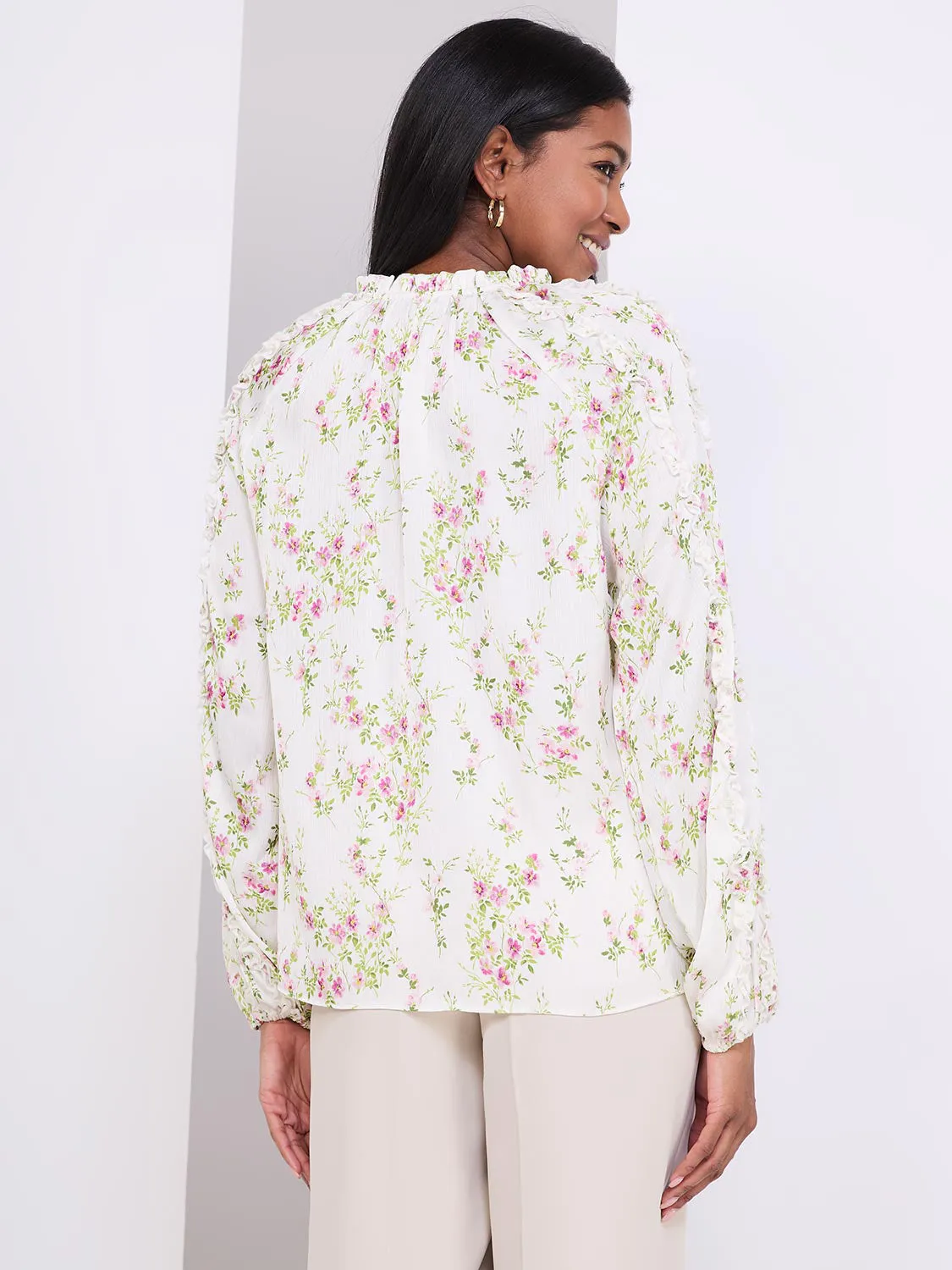 Floral Print Popover Blouse With Neck Tie