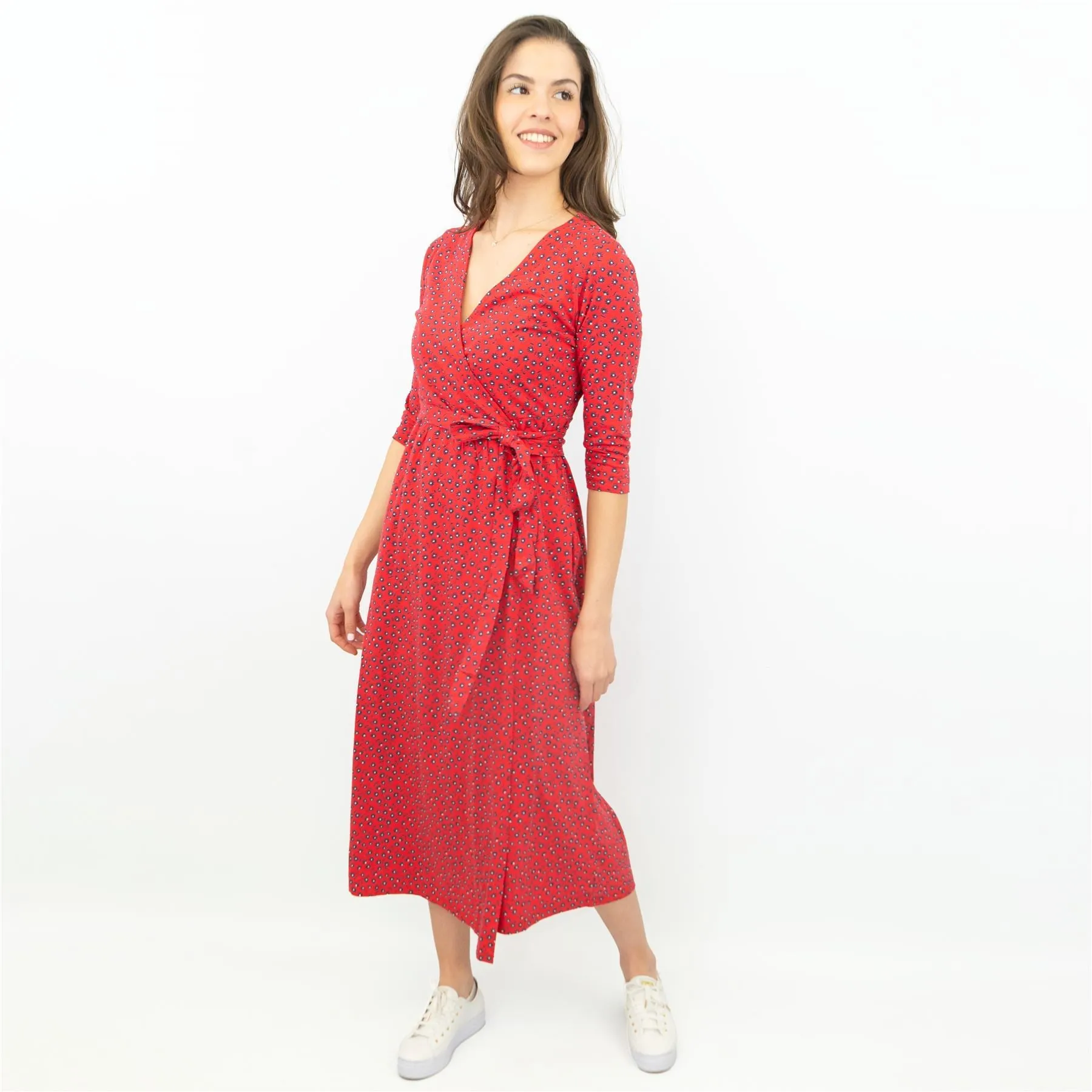 Frugi Jolie Red Maternity & Nursing Cross Wrap 3/4 Sleeve Midi Dresses