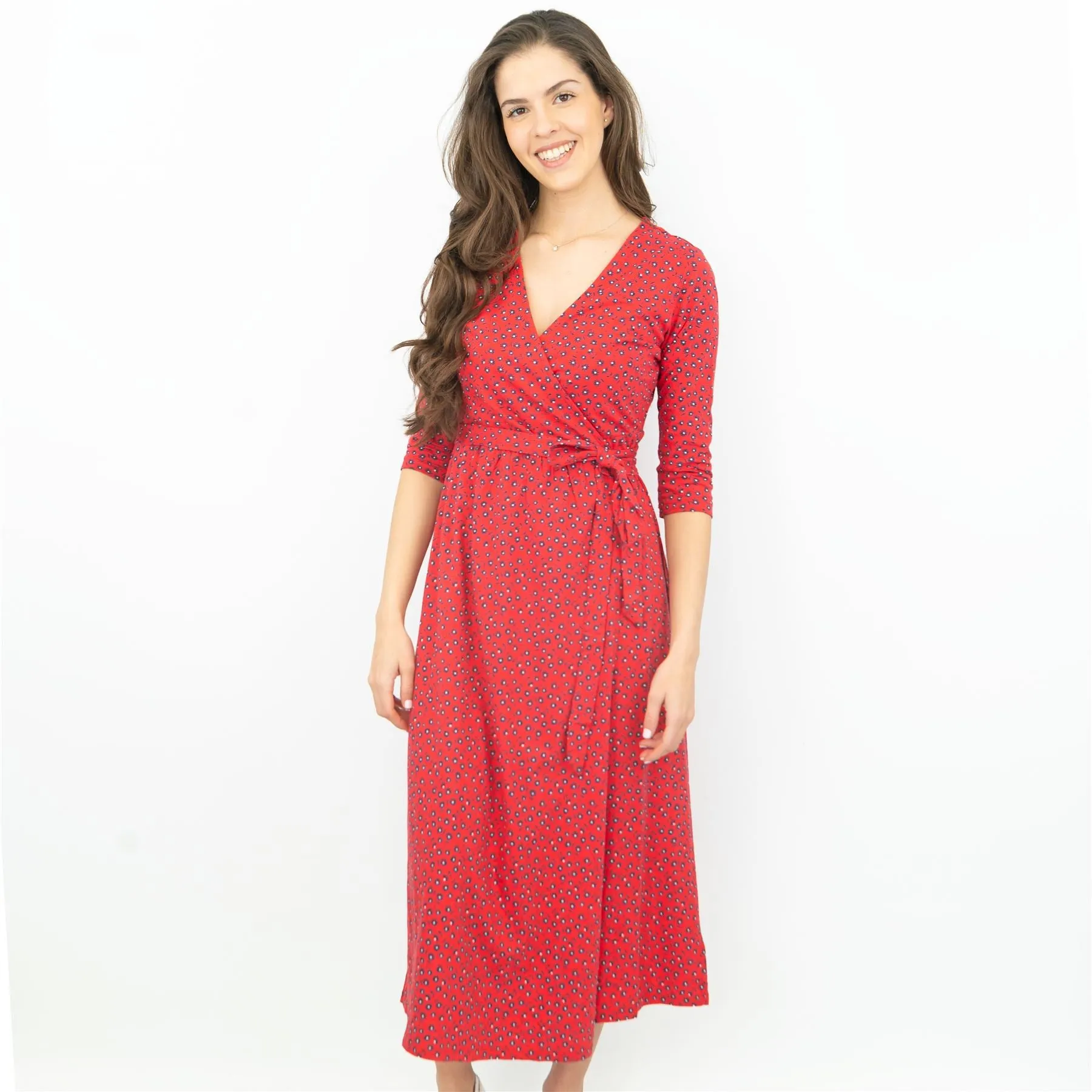 Frugi Jolie Red Maternity & Nursing Cross Wrap 3/4 Sleeve Midi Dresses