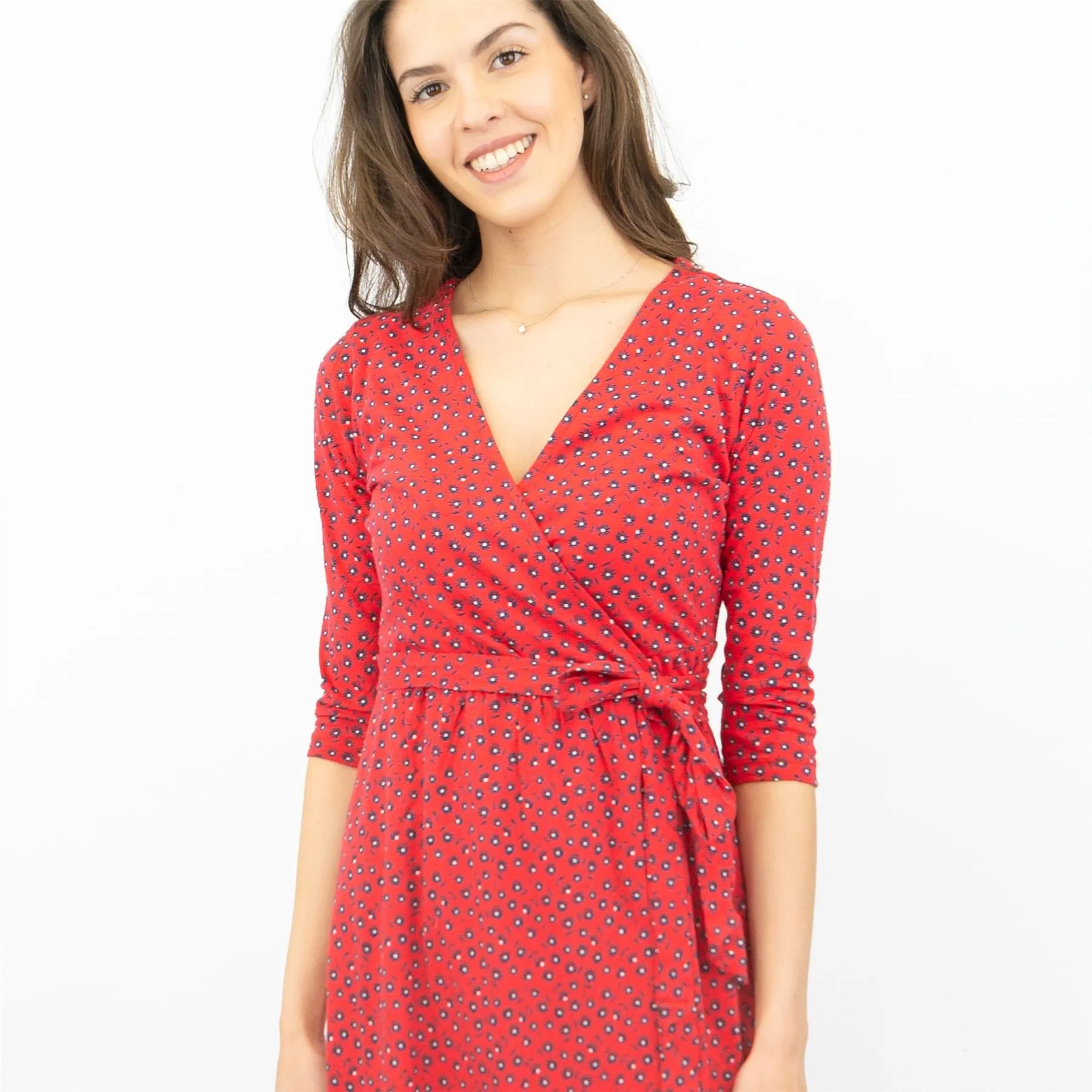 Frugi Jolie Red Maternity & Nursing Cross Wrap 3/4 Sleeve Midi Dresses