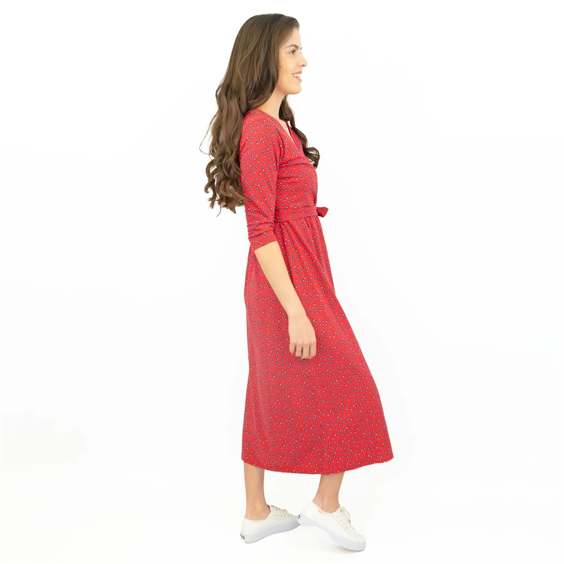 Frugi Jolie Red Maternity & Nursing Cross Wrap 3/4 Sleeve Midi Dresses