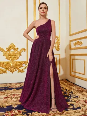 Glitter One Shoulder Sleeveless Slit Dresses