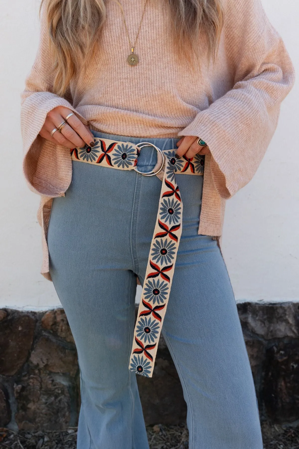 Happy Flower Embroidered Belt - Natural