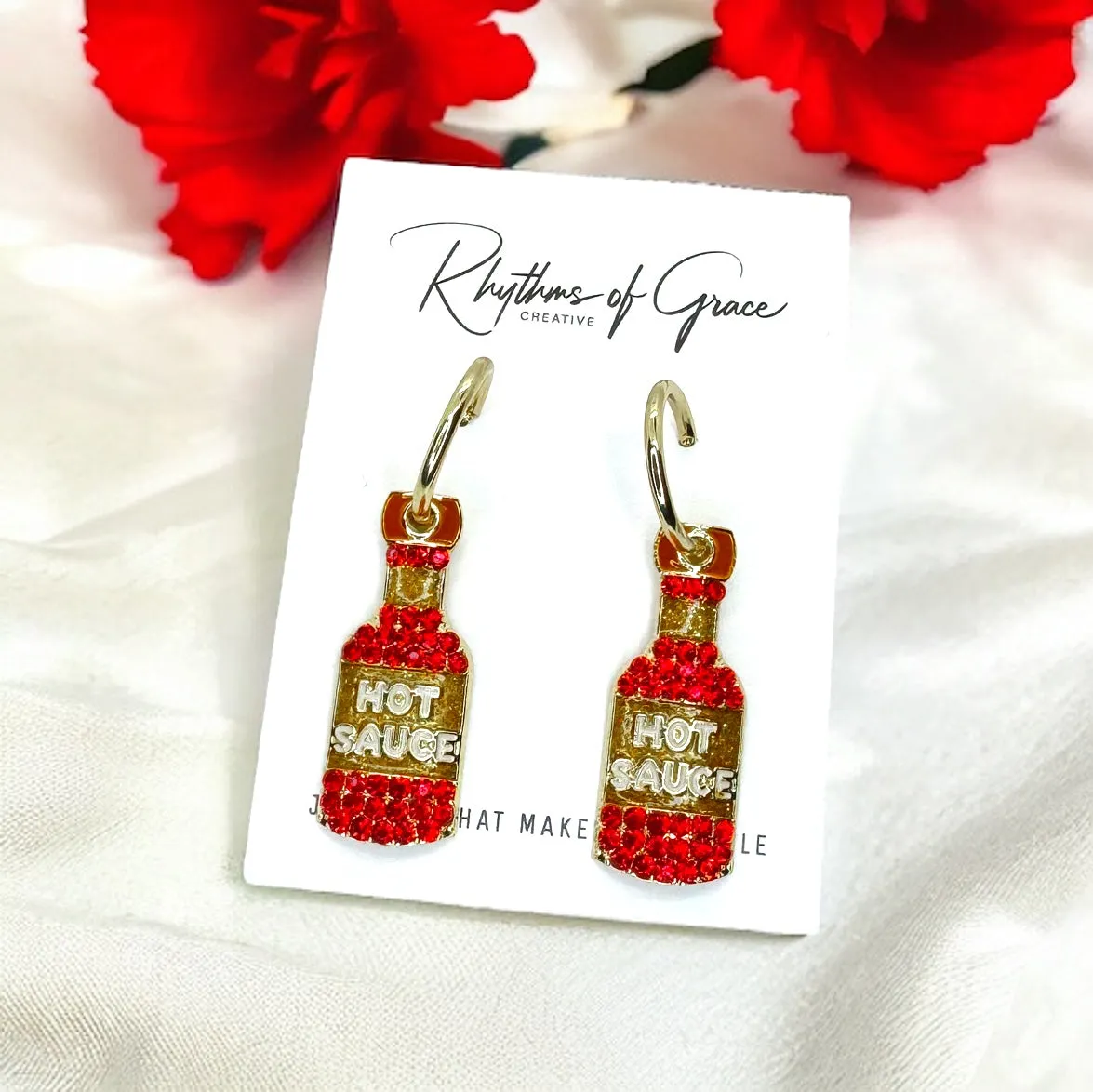 Hot Sauce Earrings - Spicy, Red Hot Earrings, Handmade Jewelry, Hot Sauce Jewelry, Food Earrings