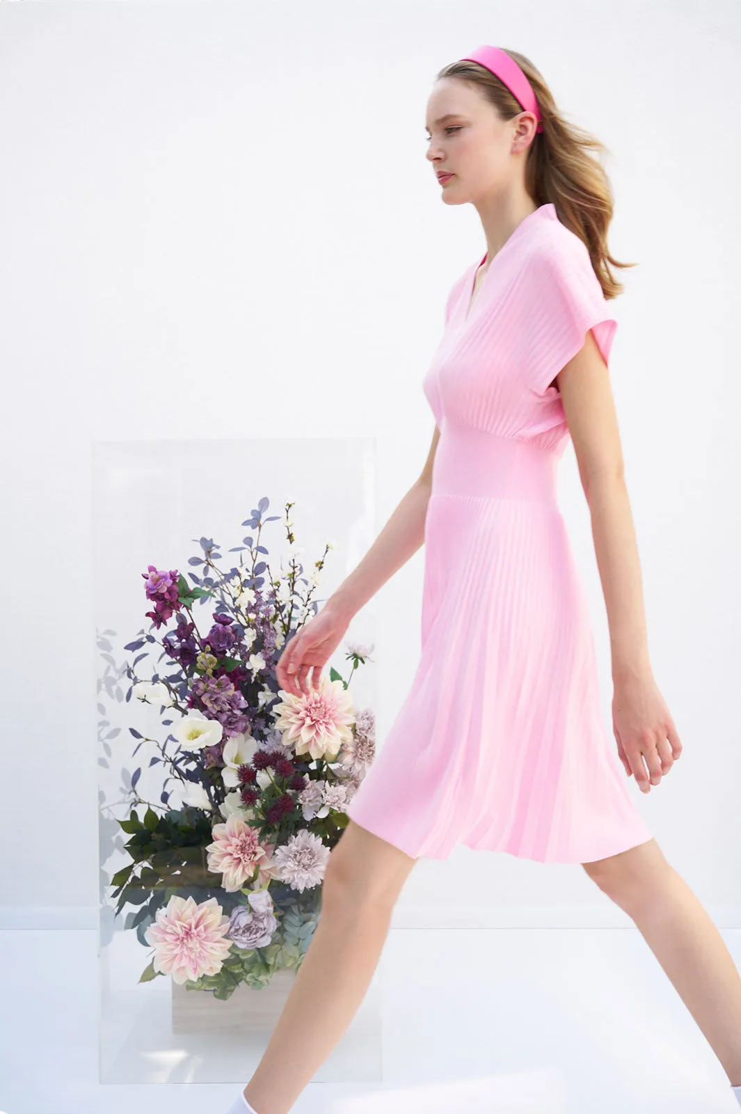 Knee-Length Flare Dress - Faux Pleat Soft Knit, Perfect Pink