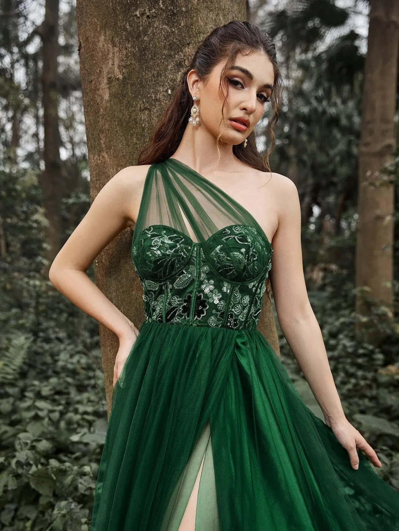 Luxury One Shoulder Tulle Overlay Floral Sequin Bodice Split Prom Dress