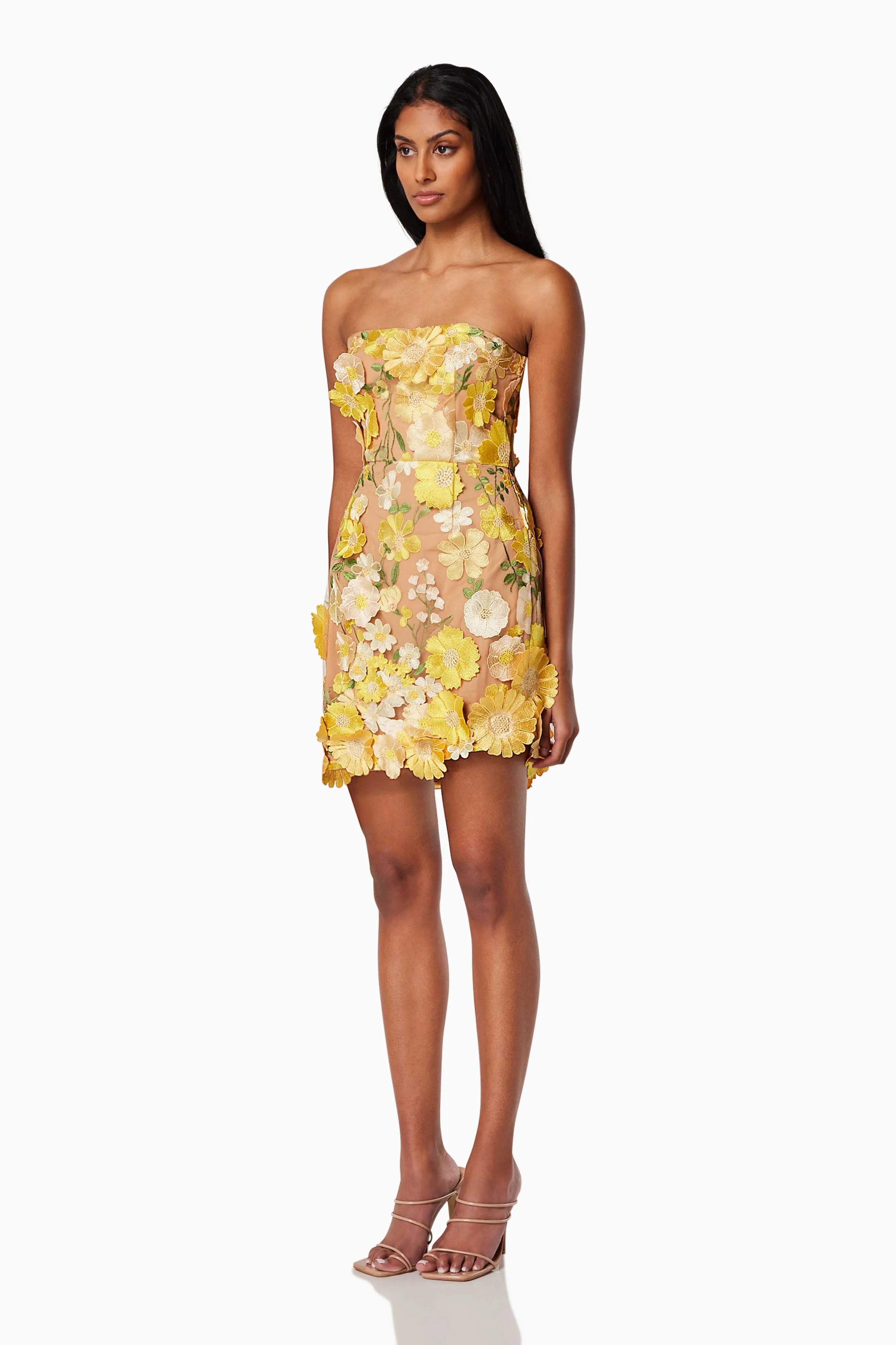 New-Age 3D Floral Mini Dress in Yellow