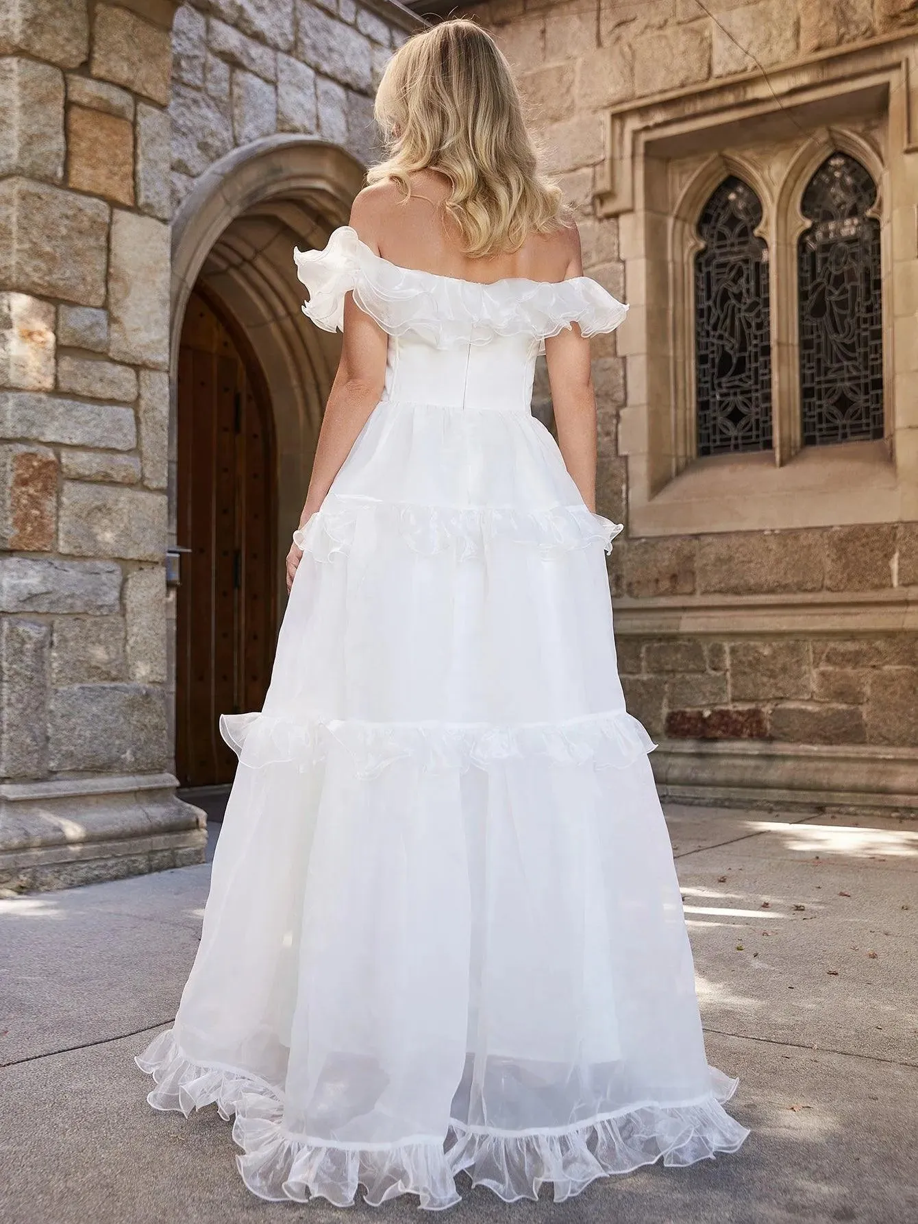 Off Shoulder Ruffle Trim Layered Hem Wedding Dress