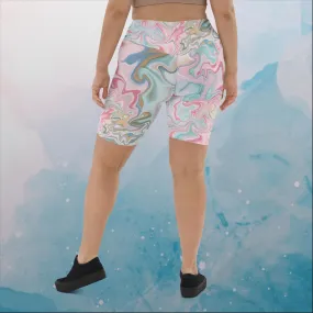 Pink and Mint Marbled Womens Yoga Biker Shorts