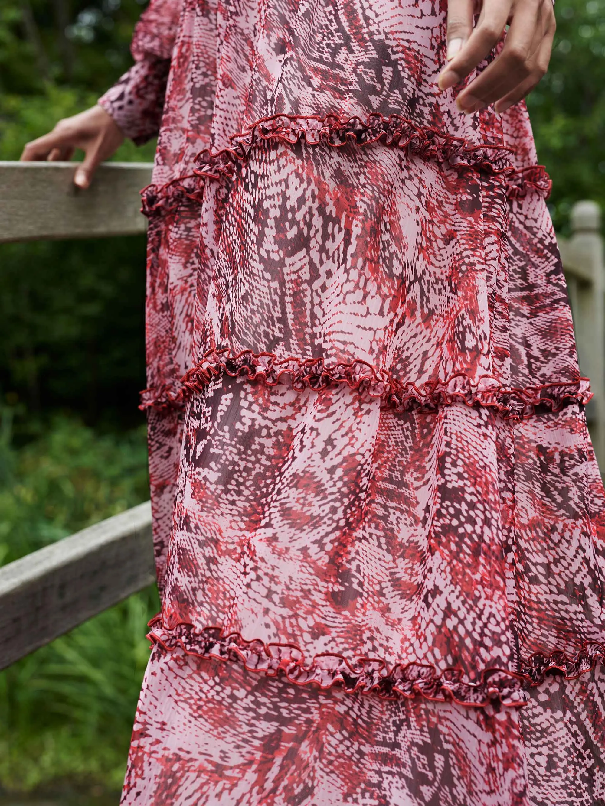 Pink Snake Print Frill Detail Maxi Dress