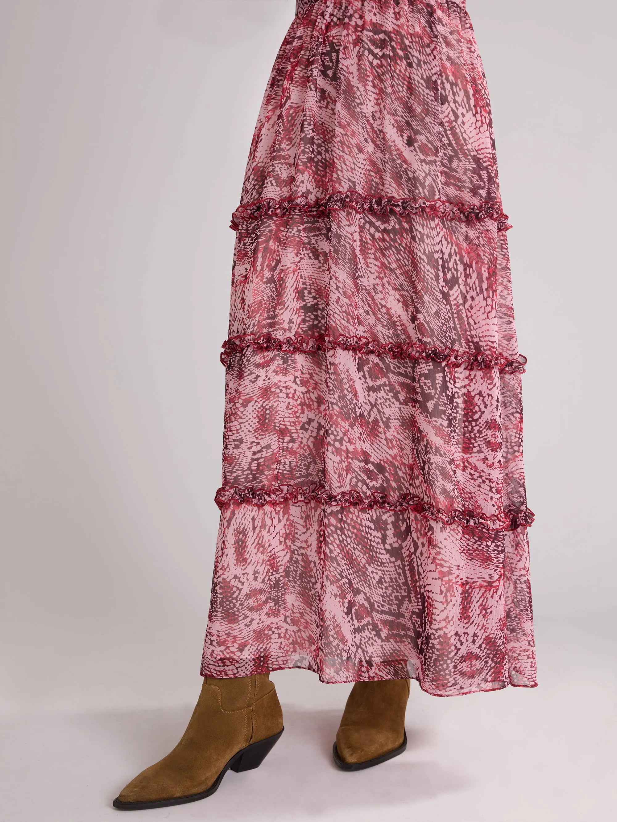 Pink Snake Print Frill Detail Maxi Dress