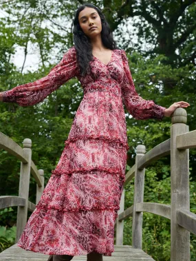 Pink Snake Print Frill Detail Maxi Dress