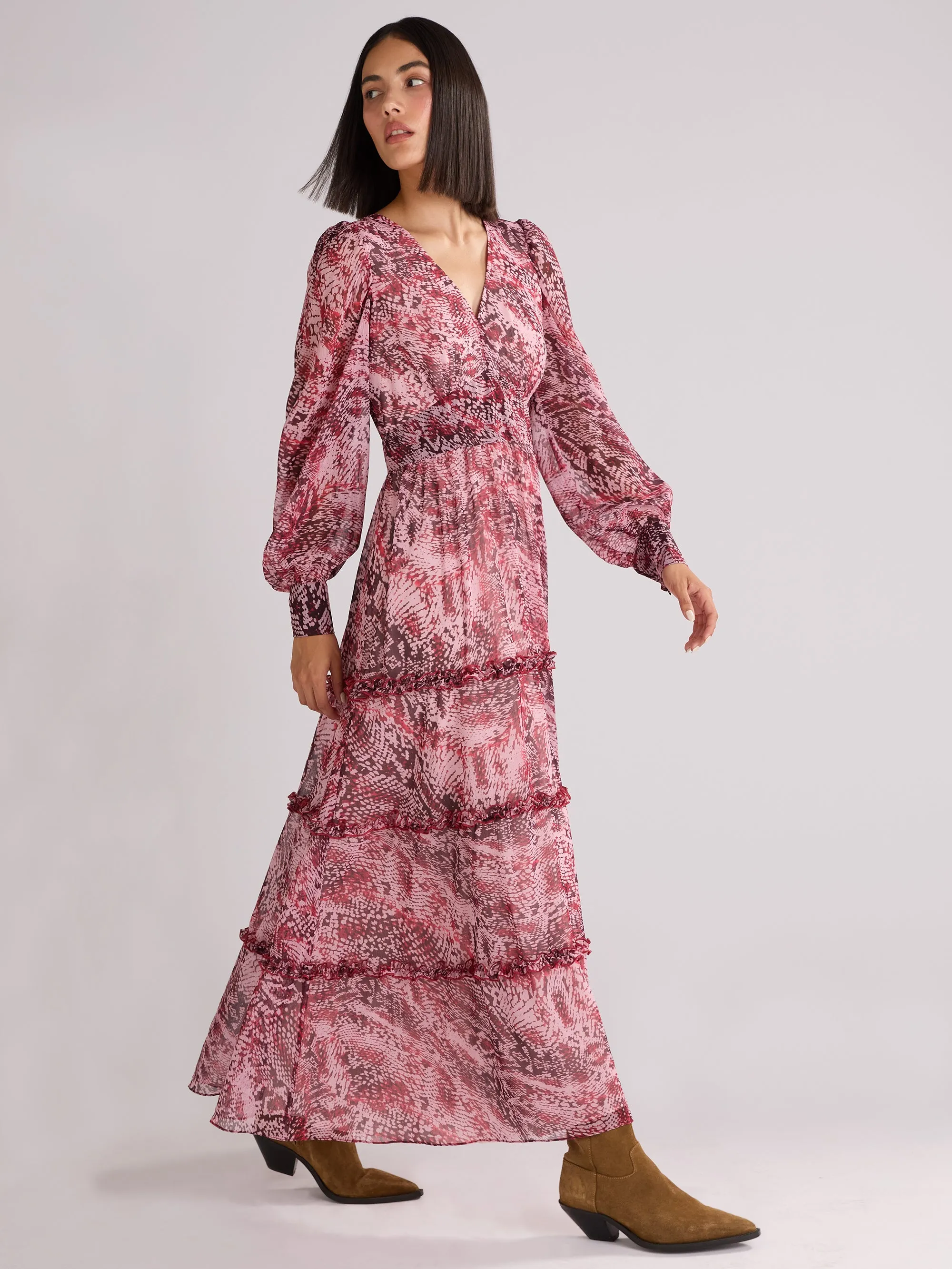 Pink Snake Print Frill Detail Maxi Dress