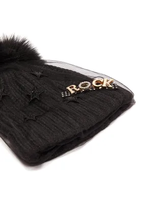 'ROCK' STAR MOTIF EMBELLISHED MESH VEIL POM POM BEANIE