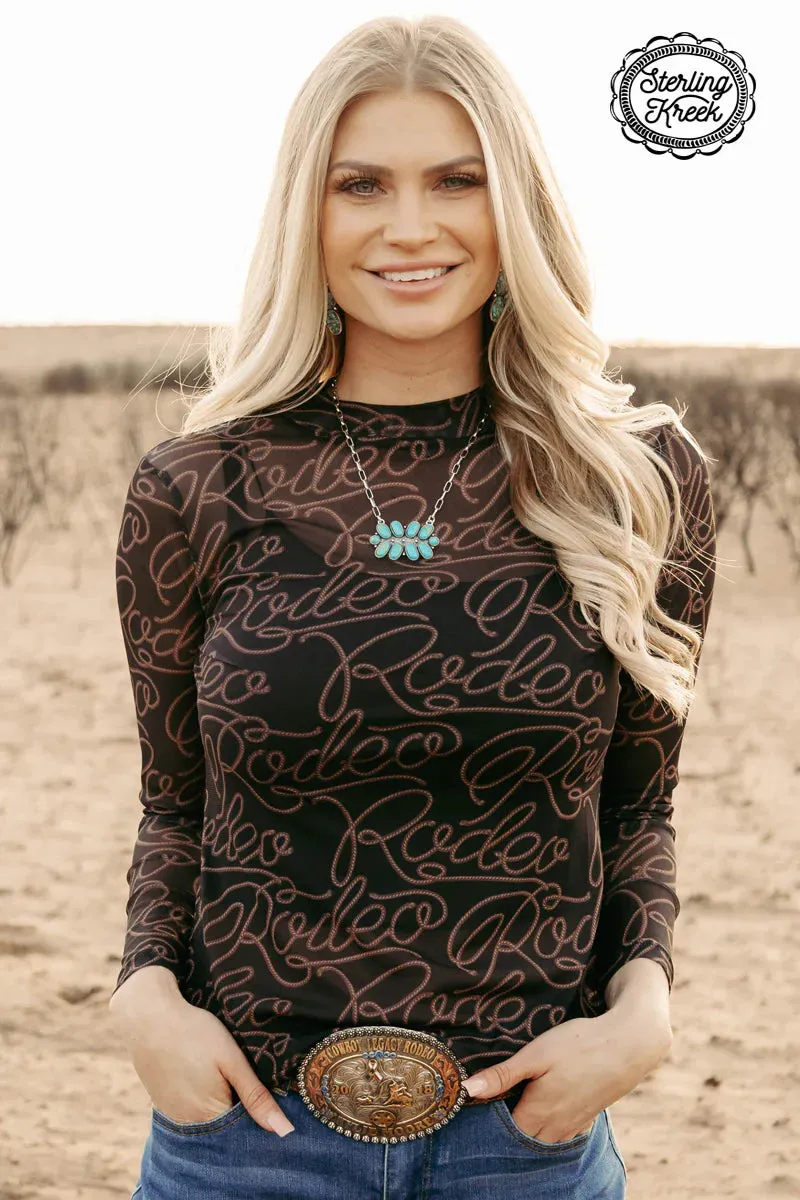 Rodeo Queen Black and Brown Print Mesh Mock Neck Top