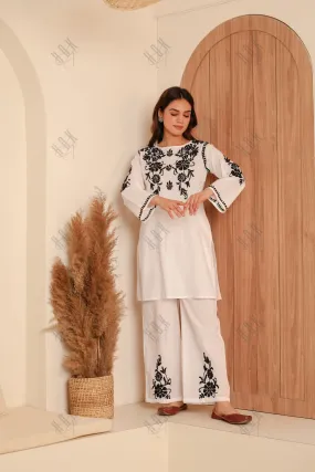 Saba Chikankari Co-ord Set in Cotton Cambric - White With Black