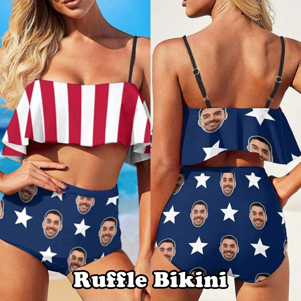 #Small Bust#American Flag Style #Husband/Boyfriend Face On #Celebrate July Fourth - Personalized Face Women's Swimwear Beach Travel Boat Cruise Pool Party Outfits Recommended for Girls With Small Breasts