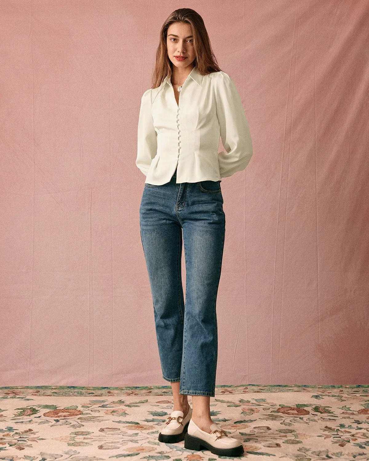 The Solid Collared Puff Sleeve Satin Blouse