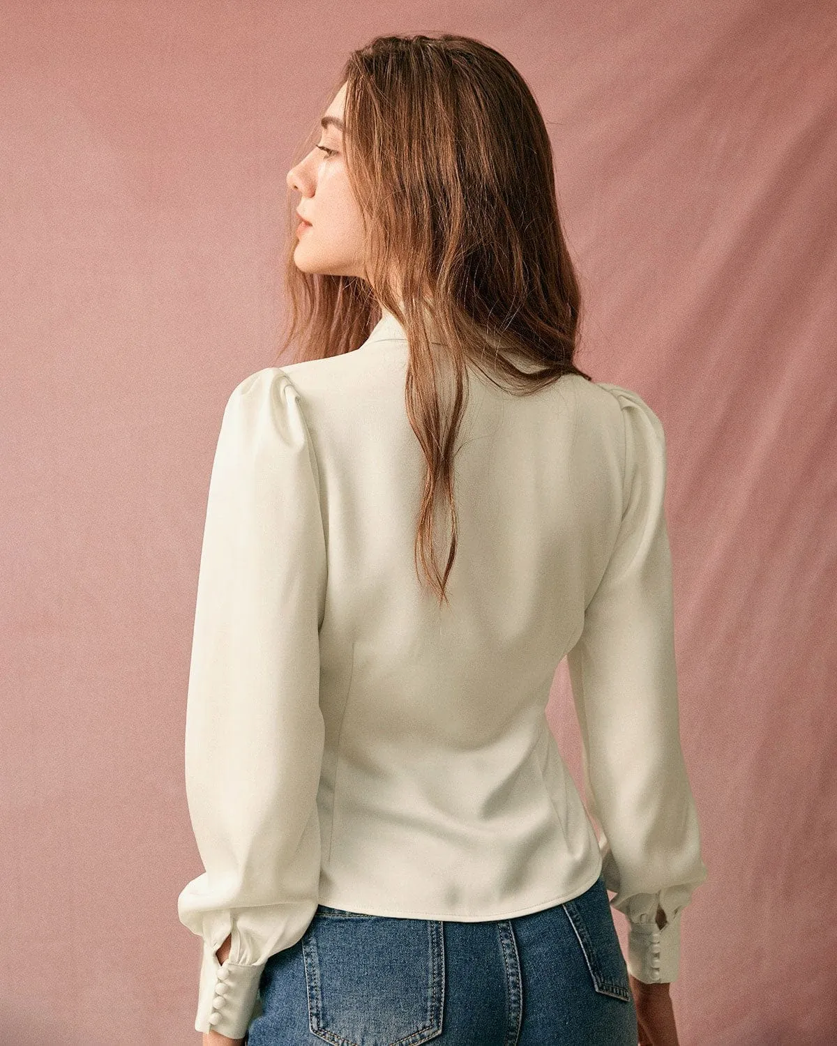 The Solid Collared Puff Sleeve Satin Blouse